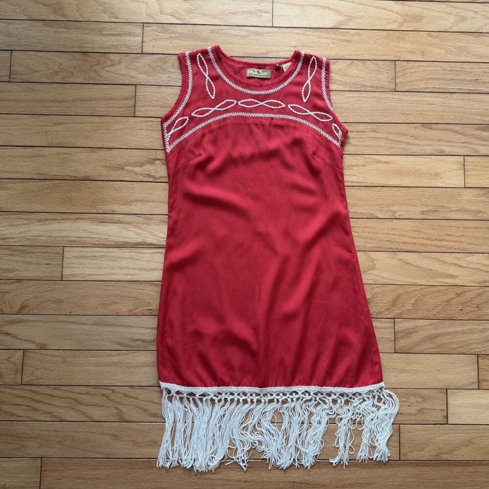 R Cinco Ranch Western Fringe Dress Embroidered Red White Boho Mini Medium 
Dress